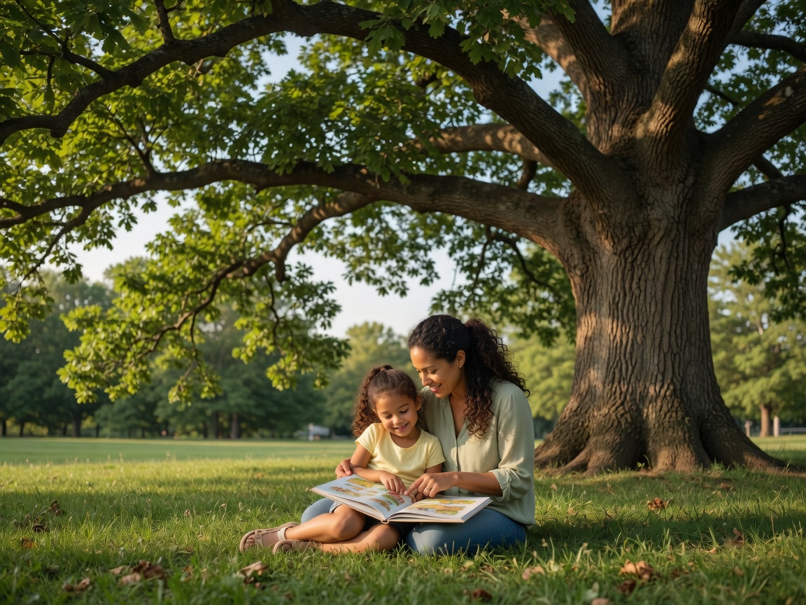 Parent and child reading a book together under a large oak tree
